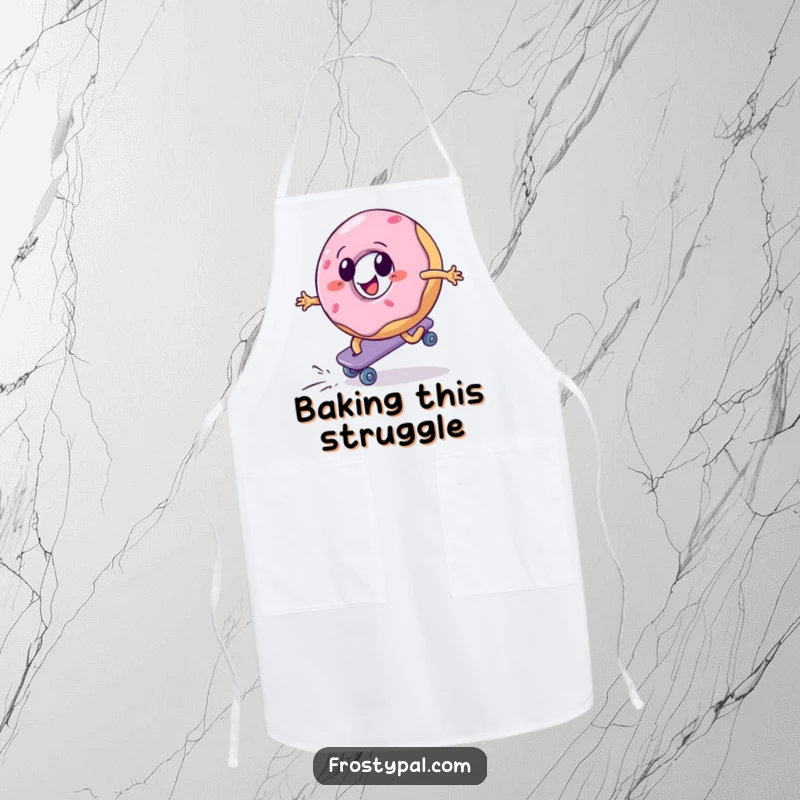 Funny apron illustrating a donut aggressively roller skating uphill, bringing determination and humor to the kitchen, a great gift.