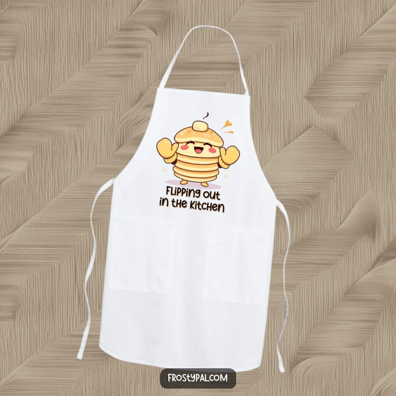 Funny pancake apron with a giggling stack of pancakes wearing oversized mittens attempting to high-five the wind.