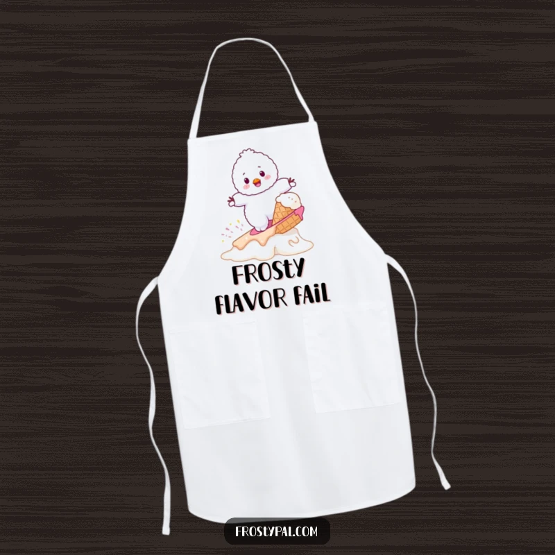 Funny fluffy white snowman attempting to surf on a melting ice cream cone, a humorous and practical kitchen apron.