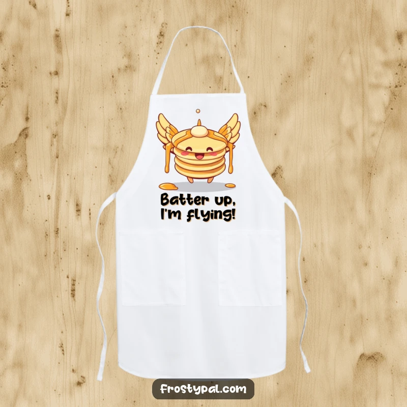 Funny pancakes apron with syrup wings attempting to fly, illustrating a comical chef character and adding humor to cooking attire.