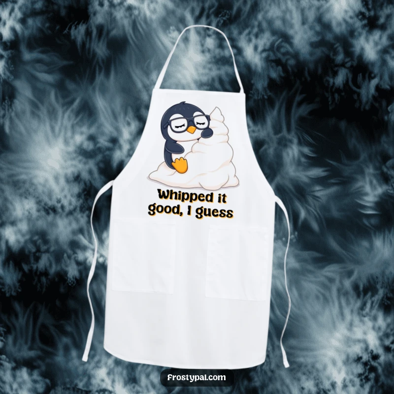 Funny penguin apron with a sleepy penguin wearing glasses sliding down a mountain of whipped cream.