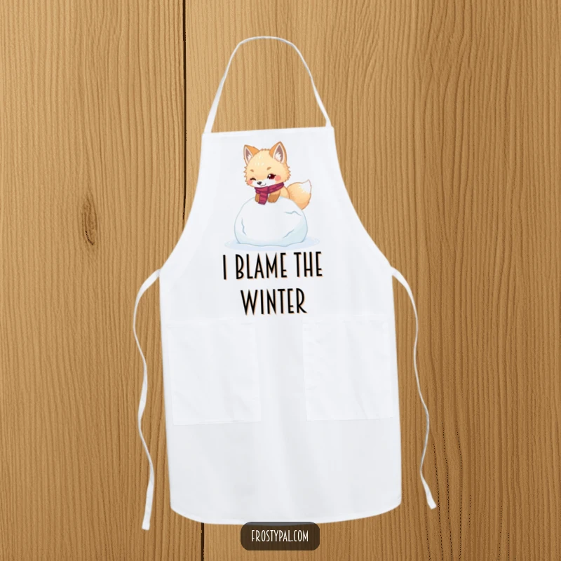 Funny arctic fox apron shows a cute fox wearing a scarf, comically tripping over a giant snowball.