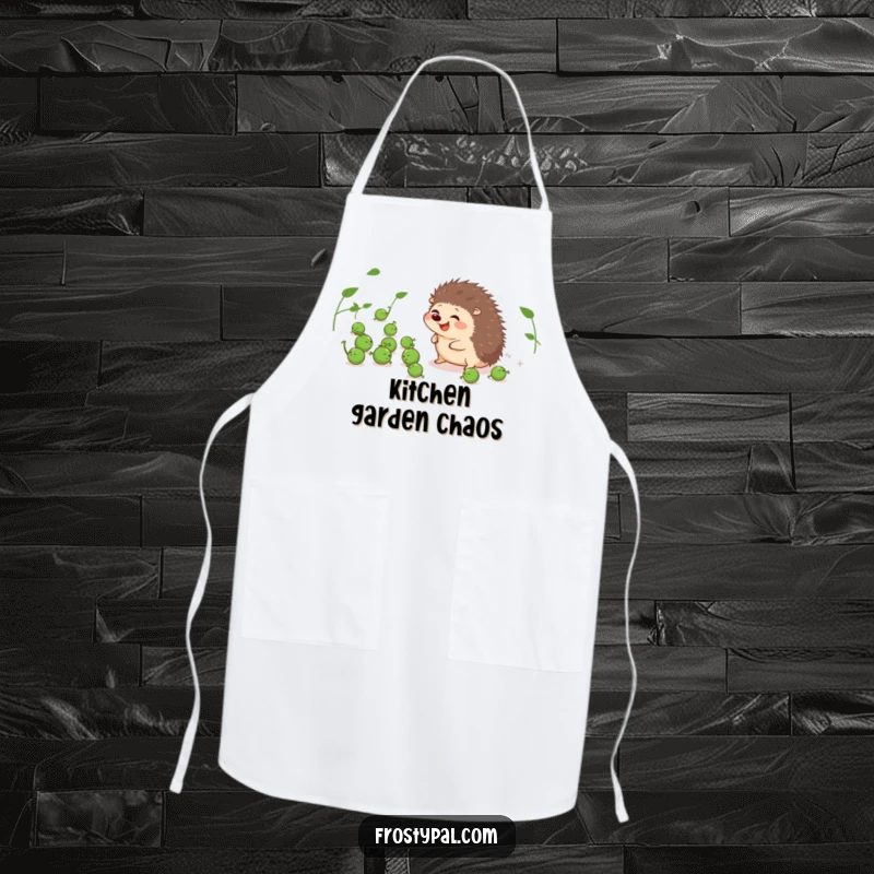 Funny apron showing a giggling hedgehog herding peas, perfect for a humorous kitchen.