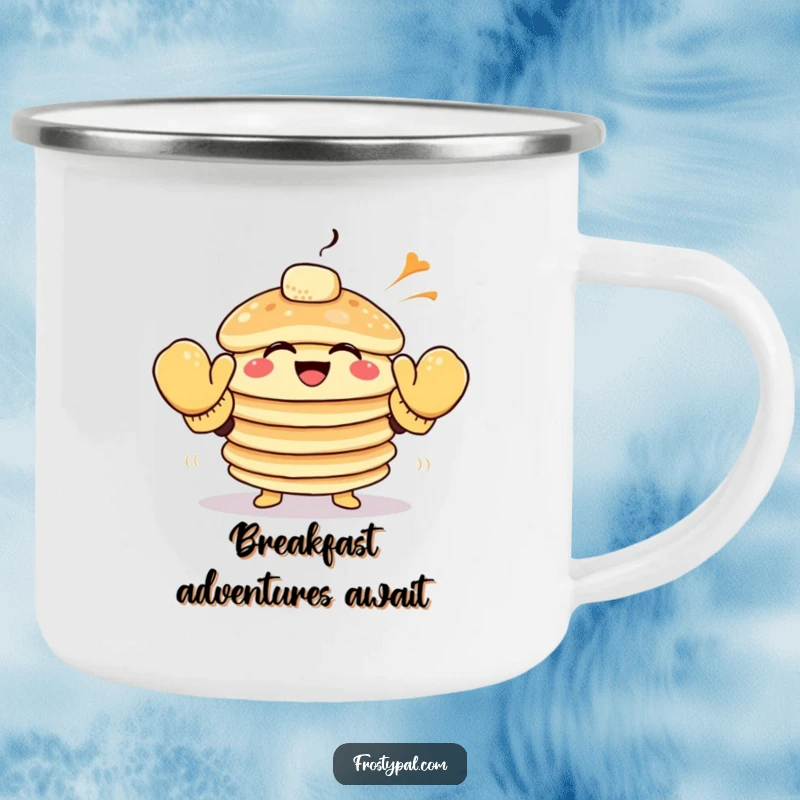 Funny pancake camping mug shows a giggling stack of pancakes wearing oversized mittens attempting to high-five the wind.