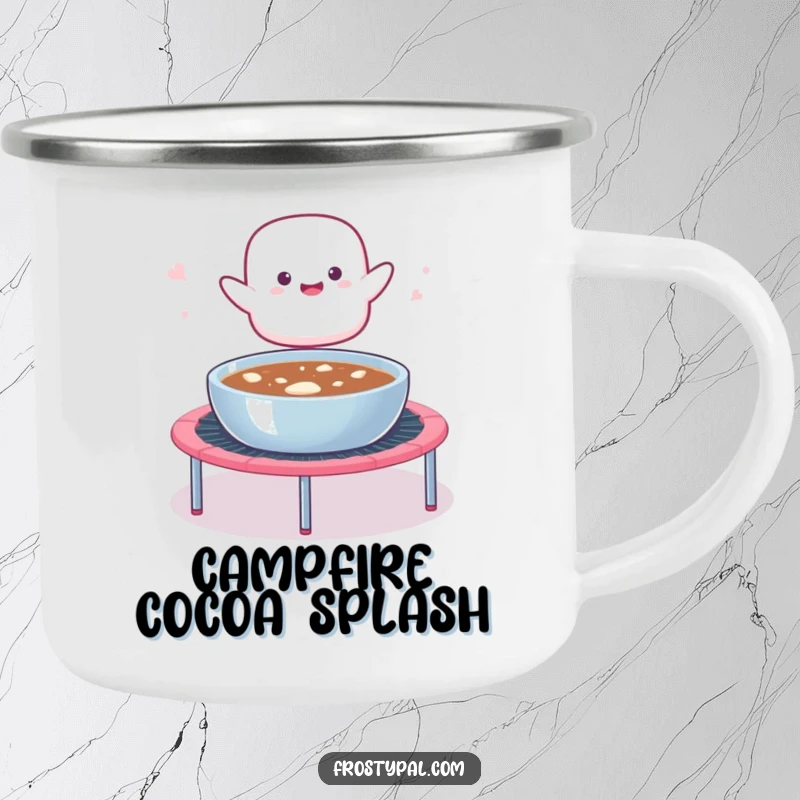 Funny camping mug with a marshmallow blob launching from a trampoline into hot cocoa, ideal for enjoying warm drinks and sweet tales.
