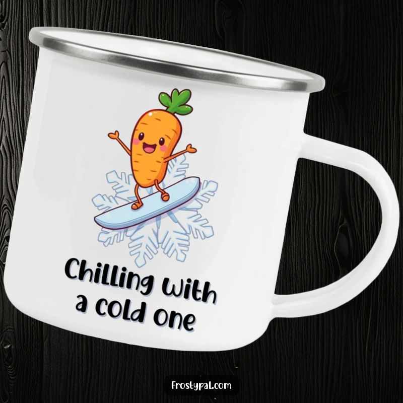 Funny carrot camping mug shows a cheerful carrot with stick legs joyfully surfing on a giant snowflake.