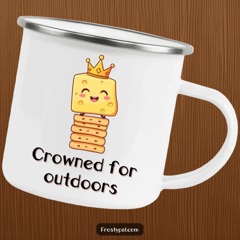 Funny camping mug showing a smiling cheese slice with a crown, balanced on crackers, for outdoor humor.