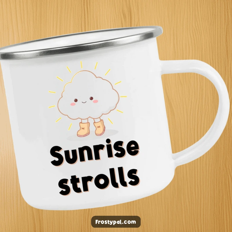 Funny camping mug with a cloud in big boots tiptoeing on a sunbeam, ideal for enjoying warm drinks in nature with a smile.