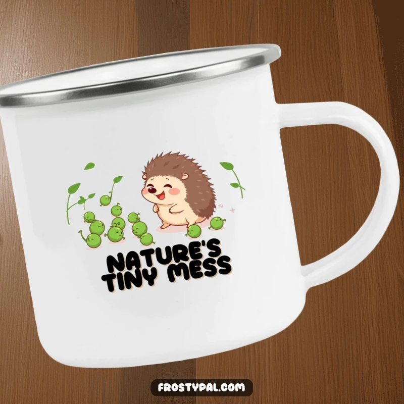 Funny camping mug featuring a giggling hedgehog herding peas, for outdoor adventures and humor.