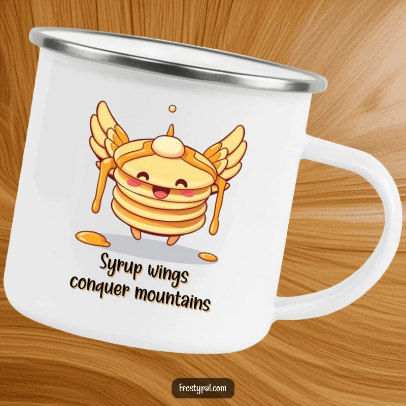 Funny pancakes camping mug with syrup wings trying to fly, depicting a comical breakfast scene and adding humor to outdoor adventures.
