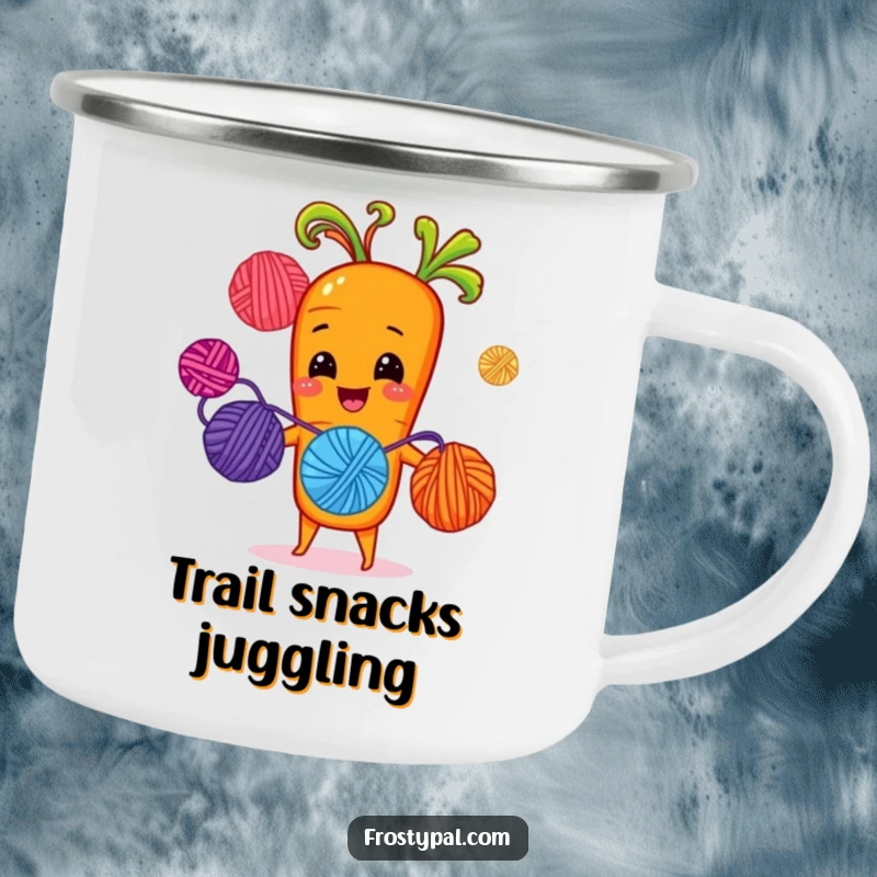 Funny cheerful carrot juggling brightly colored yarn balls with sprout-hands, a durable and humorous camping mug.