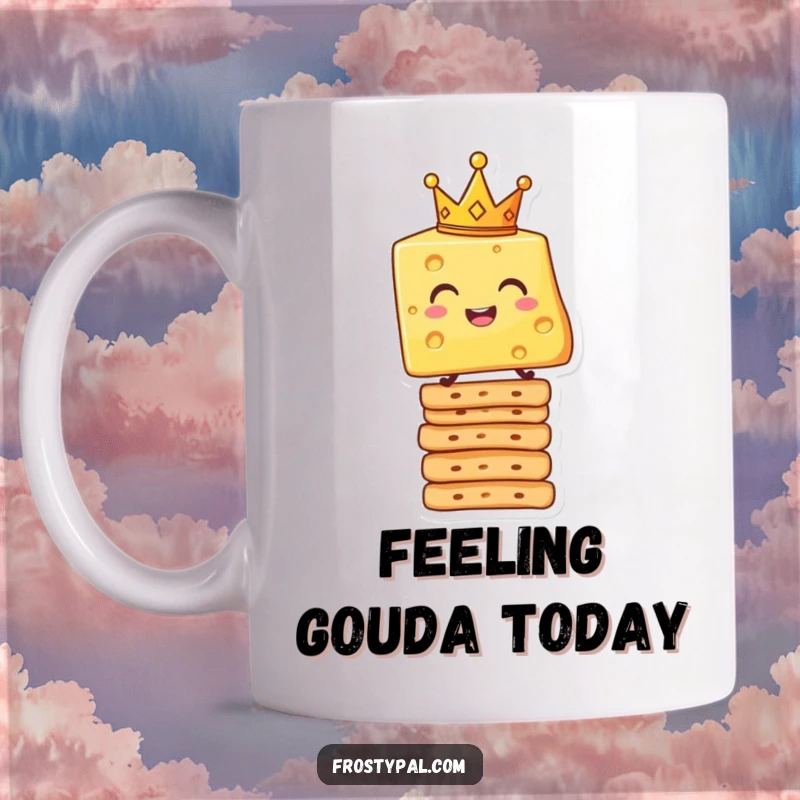 Funny mug featuring a smiling cheese slice wearing a crown, balancing on a stack of crackers, exuding regal and humorous charm.