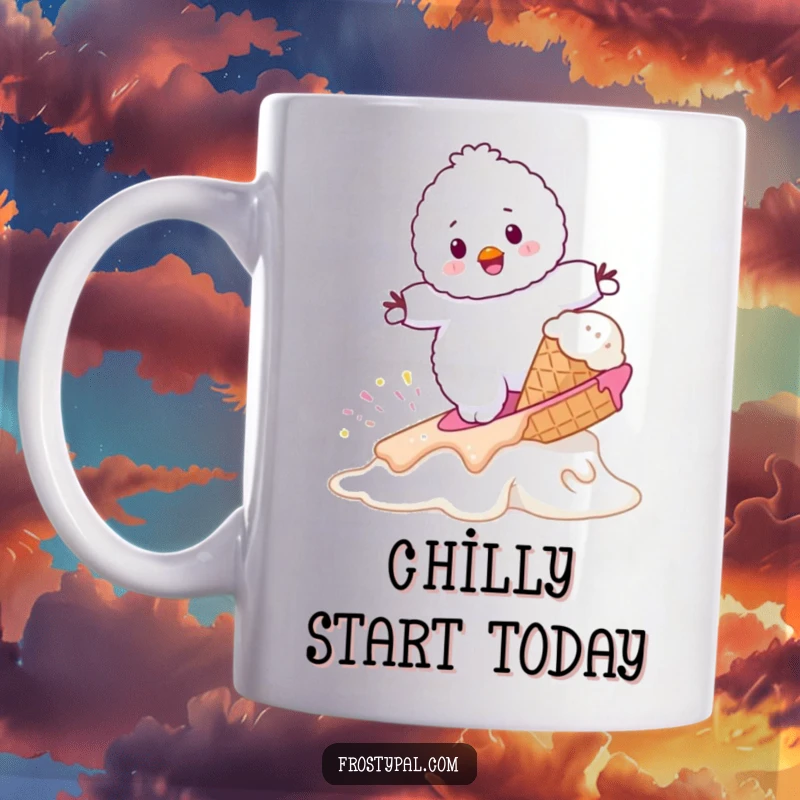 Funny fluffy white snowman comically attempting to surf on a melting ice cream cone, a humorous winter-themed mug.