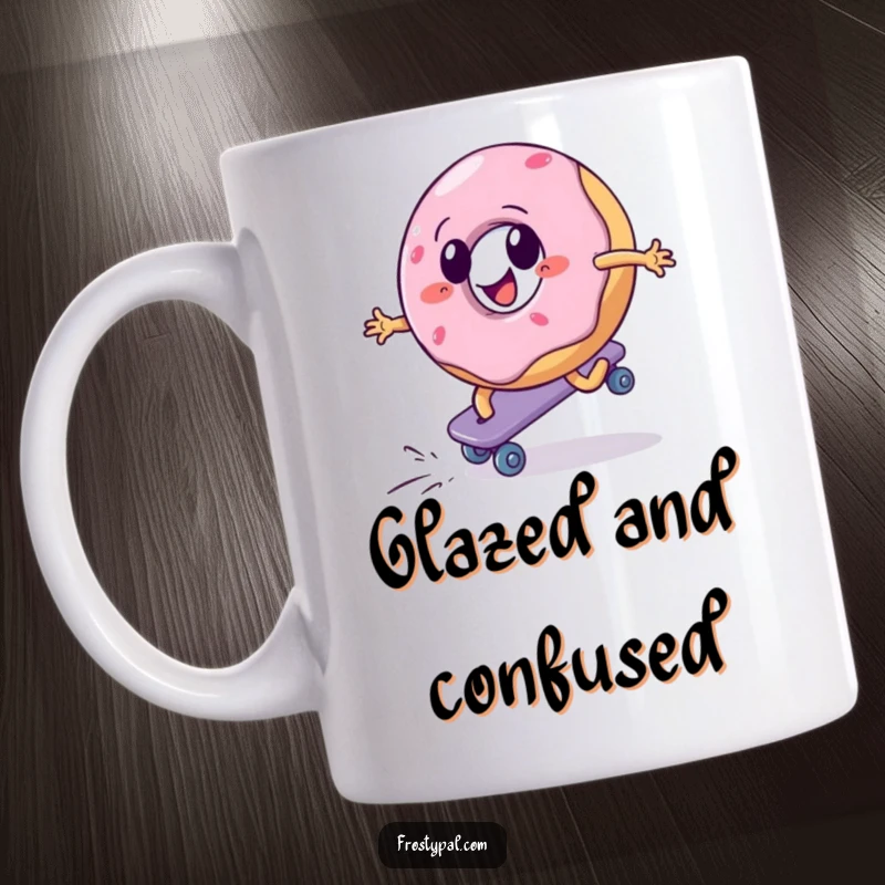 Funny mug featuring a cheerful donut aggressively roller skating uphill, embodying determination and a sweet, comical struggle.