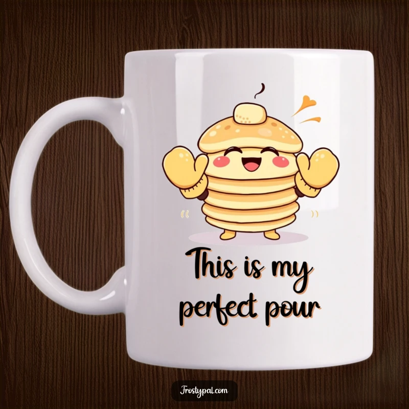 Funny pancake mug shows a giggling stack of pancakes in oversized mittens attempting to high-five the wind.