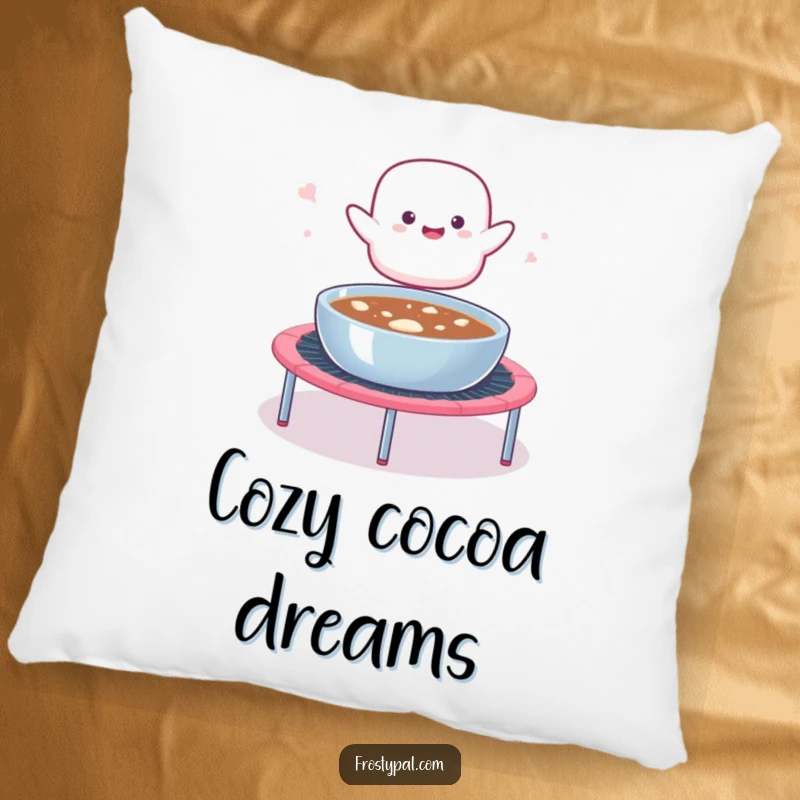 Funny pillow featuring a bouncy marshmallow blob launching from a trampoline into hot cocoa, designed for comfort and sweet cheer.