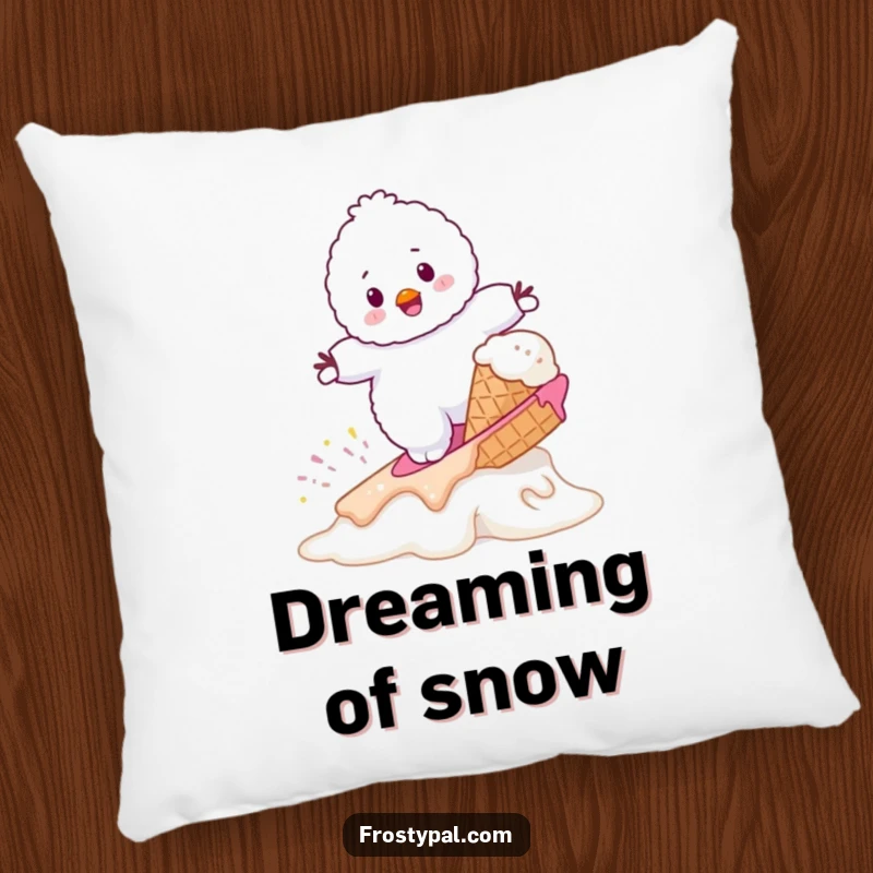 Funny fluffy white snowman attempting to surf on a melting ice cream cone, a soft and humorous decorative pillow.