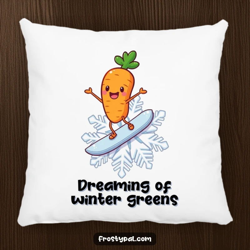 Funny carrot pillow showing a cheerful carrot with stick legs joyfully surfing on a giant snowflake.