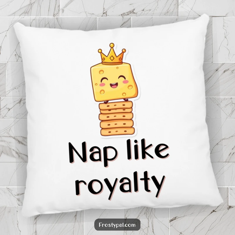 Funny pillow featuring a smiling cheese slice with a crown, balanced humorously on a stack of crackers.