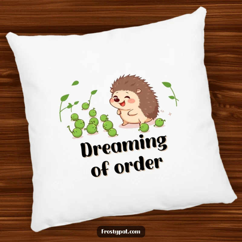 Funny pillow featuring a giggling hedgehog attempting to herd peas, a soft and humorous decorative item.