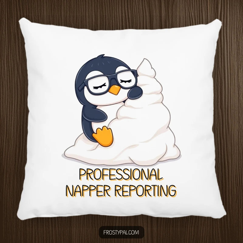 Funny penguin pillow showing a sleepy penguin wearing glasses sliding down a mountain of whipped cream.