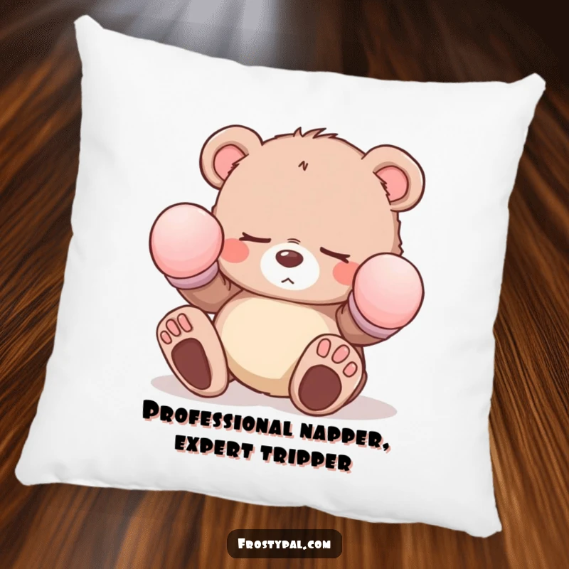 Funny sleepy bear cub pillow wearing oversized mittens and tripping, showing a cute and comical character for soft, humorous home decor.