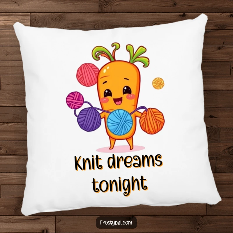 Funny cheerful carrot juggling brightly colored yarn balls with sprout-hands, a soft and humorous decorative pillow.