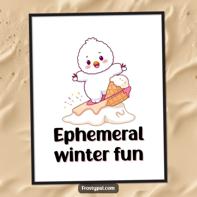 Funny fluffy white snowman trying to surf on a melting ice cream cone, wacky and humorous digital art.