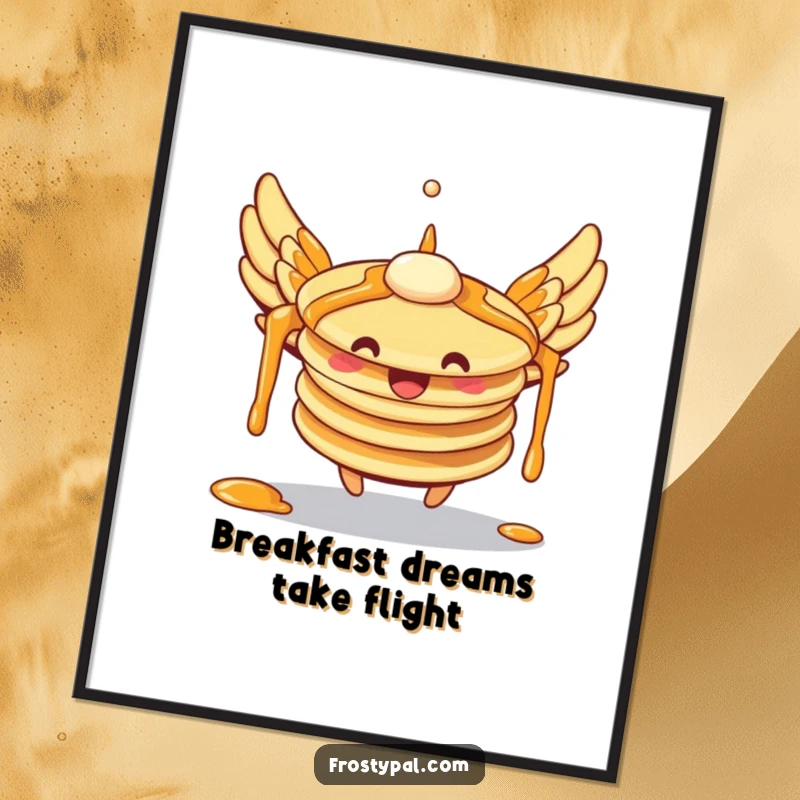 Funny pancakes digital art print with syrup wings attempting flight, depicting a comical breakfast scene for vibrant and humorous wall decor.