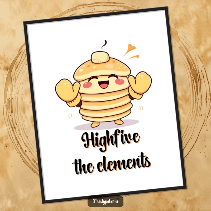 Funny pancake digital art print, a giggling stack of pancakes wearing oversized mittens attempting to high-five the wind.