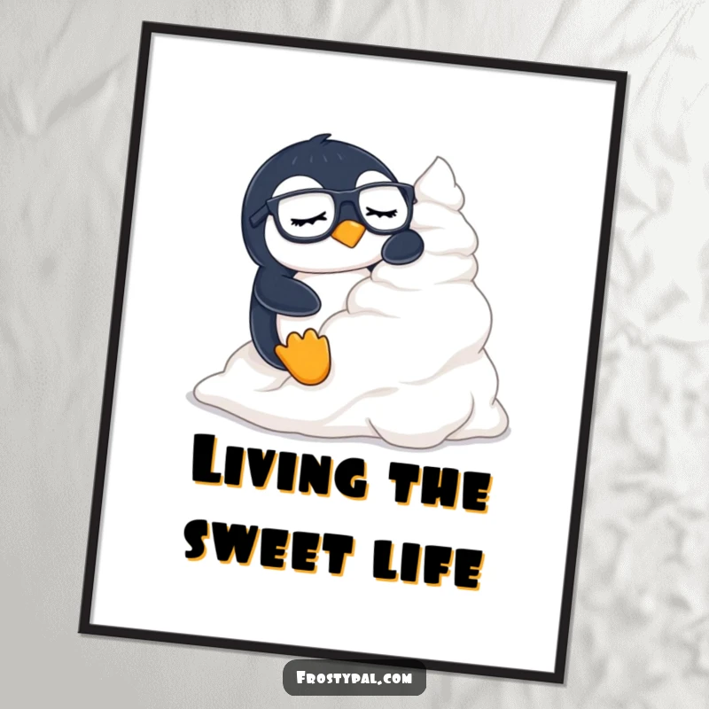 Funny penguin digital art print, a sleepy penguin wearing glasses sliding down a mountain of whipped cream.