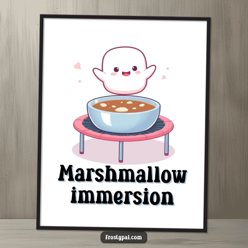 Funny digital art print of a marshmallow blob hilariously launching from a trampoline into hot cocoa, a delightful and sweet illustration.