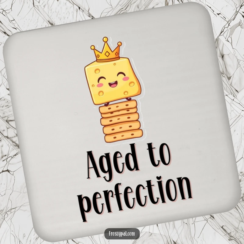 Funny drink coaster featuring a smiling cheese slice wearing a crown, balanced on crackers, a humorous protective accessory.