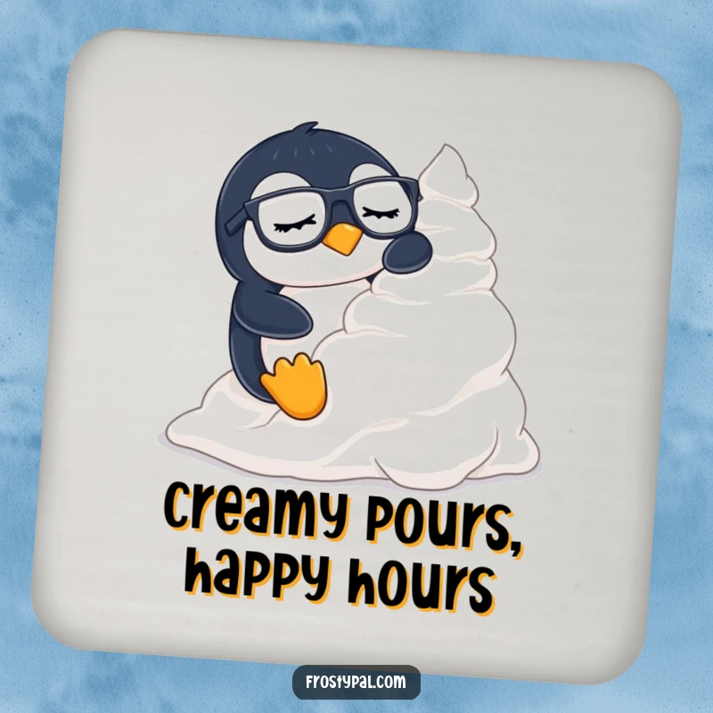 Funny penguin drink coaster showing a sleepy penguin wearing glasses sliding down a mountain of whipped cream.