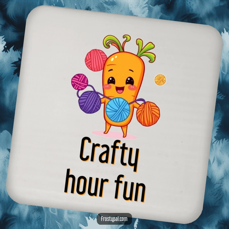 Funny cheerful carrot juggling brightly colored yarn balls with sprout-hands, a humorous and protective drink coaster.