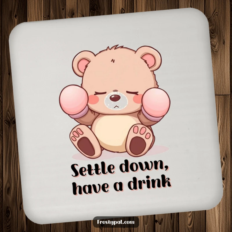 Funny sleepy bear cub drink coasters with oversized mittens tripping, showing cute characters and protecting surfaces with humor.
