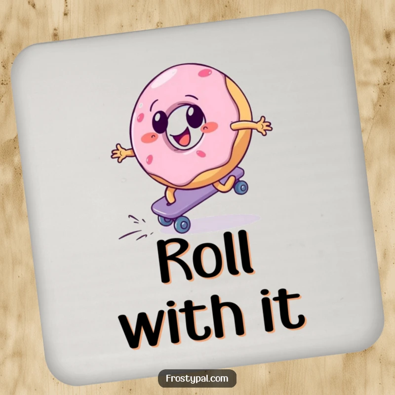 Funny drink coaster featuring a donut aggressively roller skating uphill, adding a humorous and motivational touch to table settings.