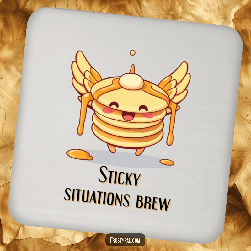 Funny pancakes drink coasters with syrup wings attempting to fly, showcasing cute breakfast characters and protecting surfaces with humor.