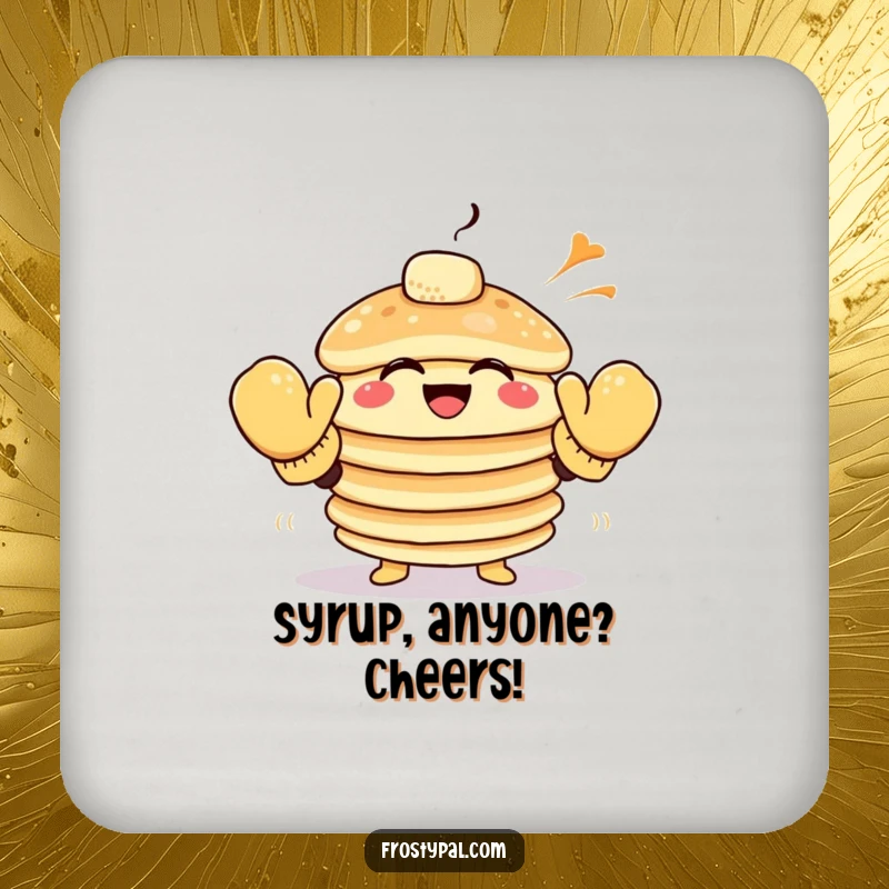 Funny pancake drink coaster showing a giggling stack of pancakes wearing oversized mittens attempting to high-five the wind.
