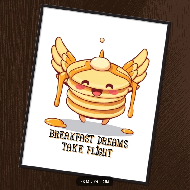 Funny pancakes poster with syrup wings trying to fly, illustrating a comical breakfast character and adding a humorous touch to wall decor.