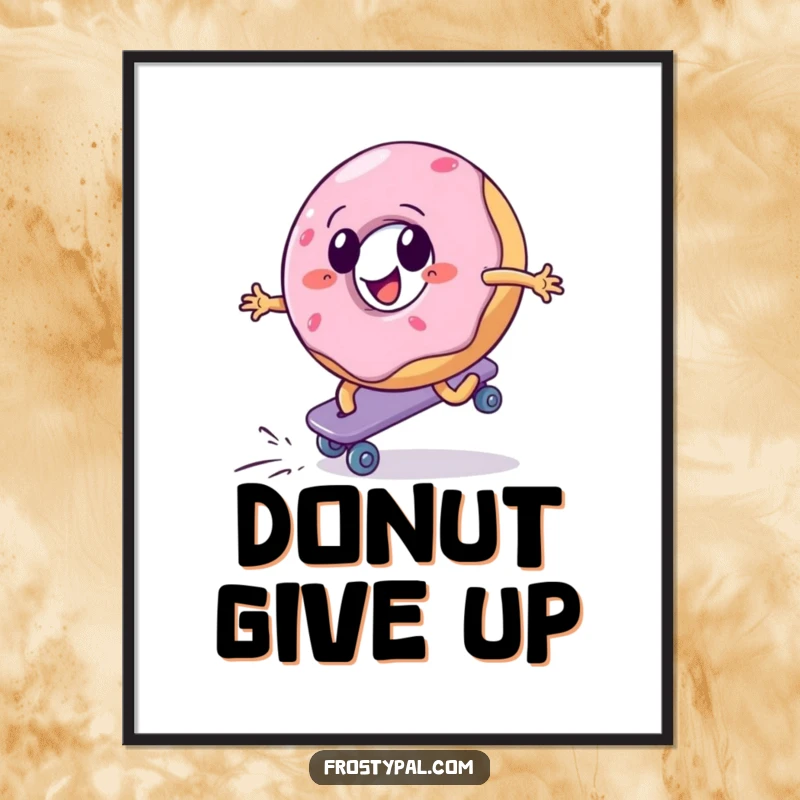 Funny poster showing a cheerful donut aggressively roller skating uphill, a humorous representation of effort and determination, perfect for walls.