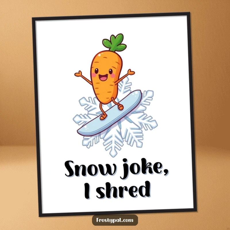 Funny carrot poster illustrating a cheerful carrot with stick legs joyfully surfing across a giant snowflake.