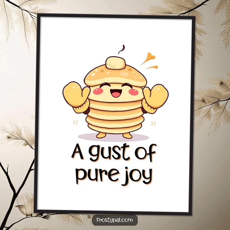 Funny pancake poster illustrating a giggling stack of pancakes in oversized mittens attempting to high-five the wind.