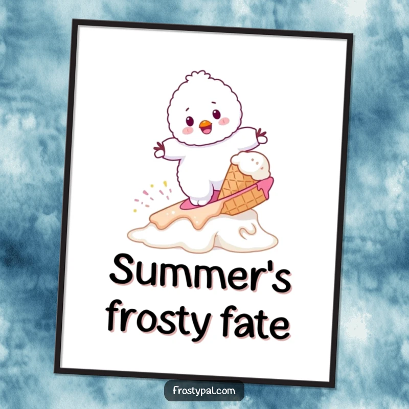 Funny fluffy white snowman trying to surf on a melting ice cream cone, humorous and whimsical wall art.
