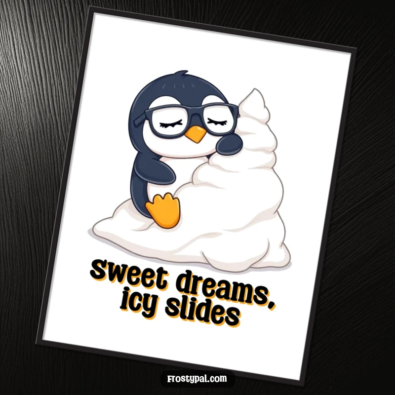 Funny penguin poster illustrating a sleepy penguin with glasses sliding down a mountain of whipped cream.