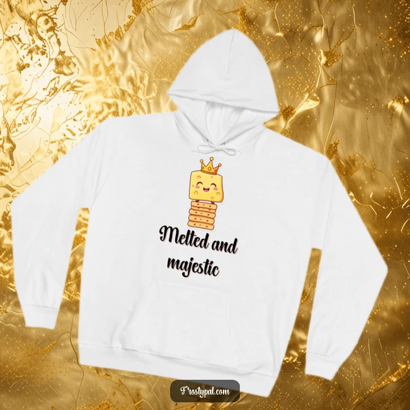 Funny hoodie print of a smiling cheese crown king balancing on a tall precarious stack of crackers, comically regal.