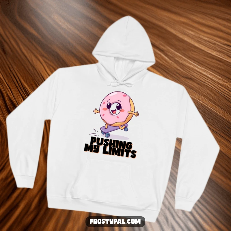 Funny hoodie depicting a donut aggressively roller skating uphill, inspiring determination with a charming and humorous design, a cozy gift.