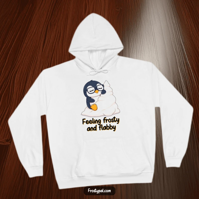 Funny penguin hoodie shows a sleepy penguin with glasses sliding down a delicious mountain of whipped cream.