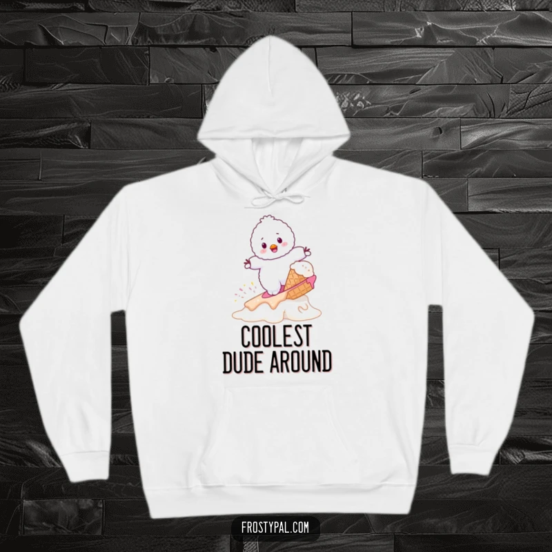 Funny fluffy white snowman trying to surf on a melting ice cream cone, a cozy and humorous winter hoodie.
