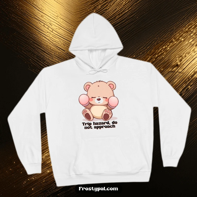Funny sleepy bear cub hoodie with oversized mittens and tripping, showcasing a cute and comical character perfect for cozy, humorous wear.